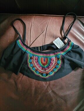 Hobie embroidered flounce bikini top in black Sz S